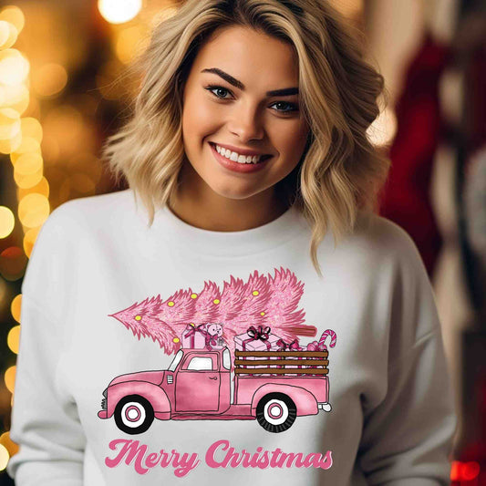 Merry Christmas Pink Retro Truck  DTF print